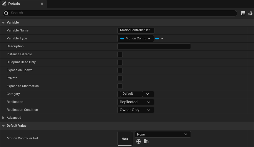 MotionControllerRef replication details panel