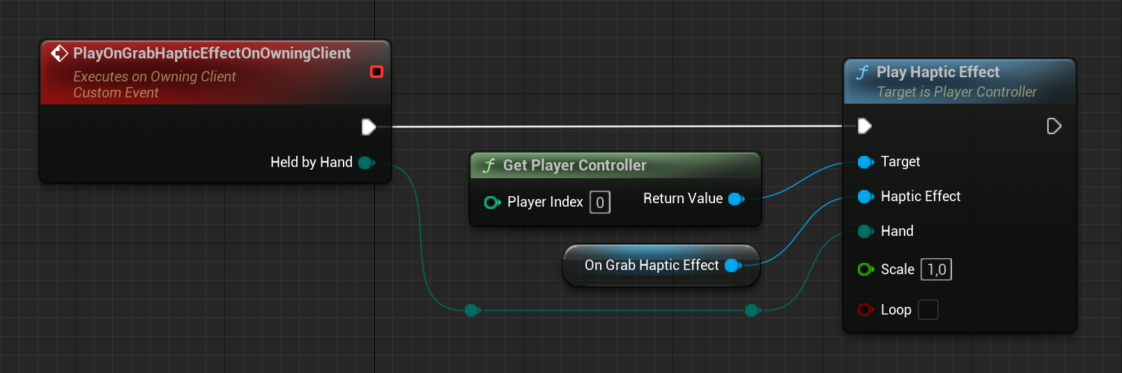 Blueprint code of the play on grab haptic effect on owning client event.