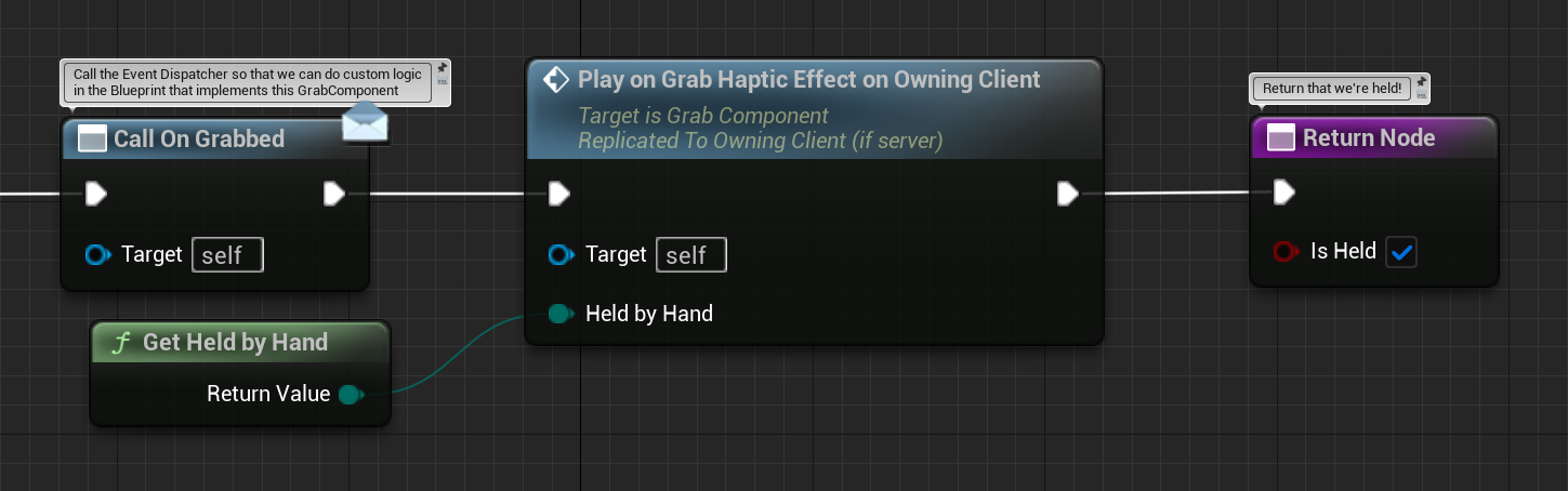 Blueprint code where the play on grab haptic effect on owning client is triggered after a successful grab.