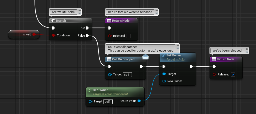 Blueprint code where the dropped object's owner is removed in the TryRelease function