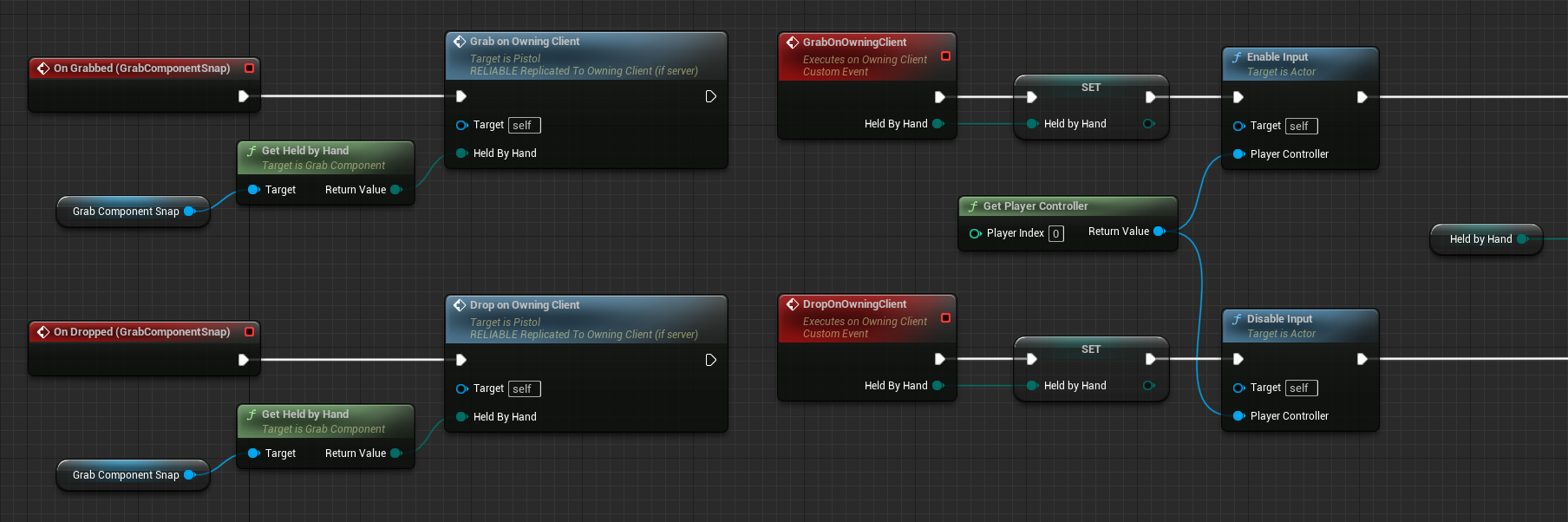 Blueprint code to grab and drop the pistol with one input for the RPC