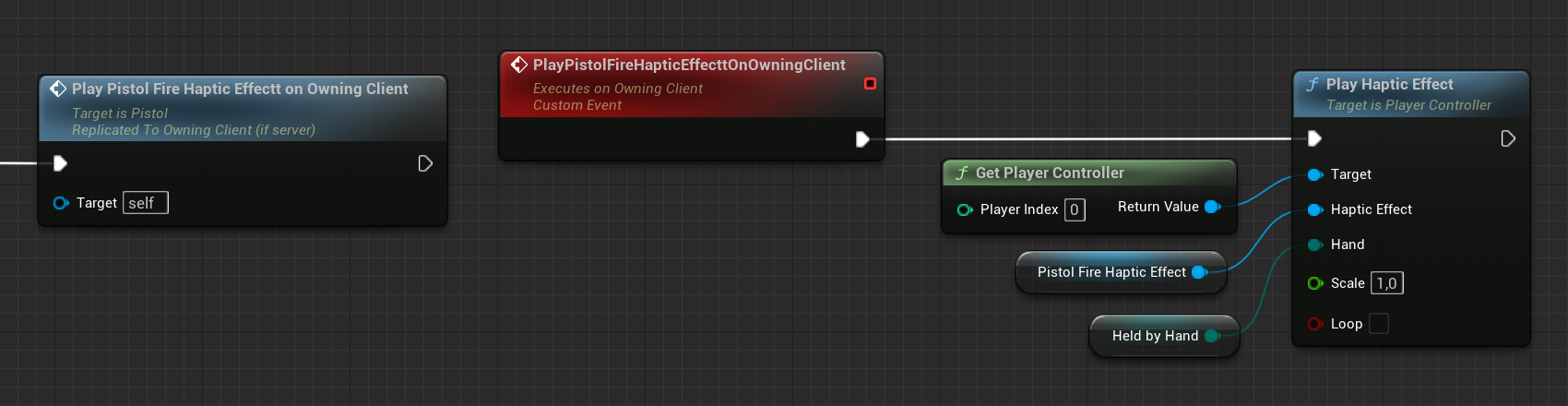 Blueprint code of the play pistol fire haptic effect on owning client event.