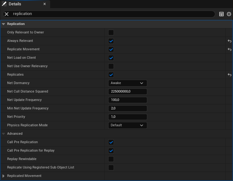 Projectile replication details panel