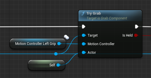 Blueprint code where the VRPawn is passed as a reference to the TryGrab function