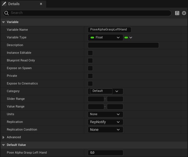 Pose alpha grasp left hand replication details panel