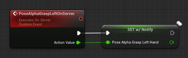 Blueprint code of the pose alpha grasp left on server event