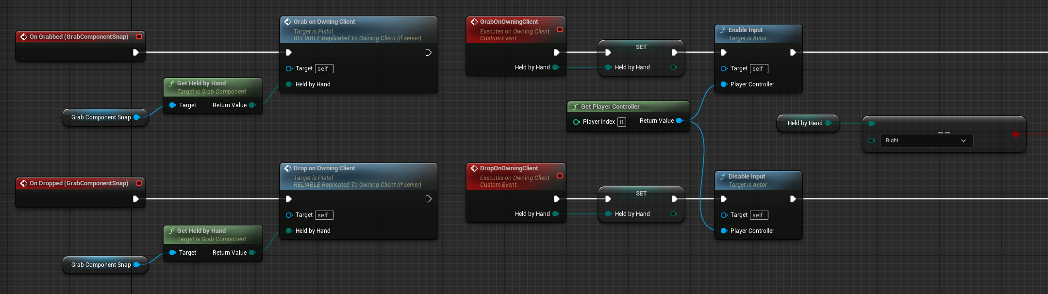 Blueprint OnGrabbed and OnDropped events in the Pistol event graph from the previous tutorial