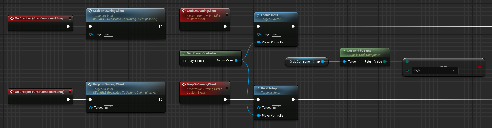 A simplified version of the Blueprint OnGrabbed and OnDropped events in the Pistol event graph