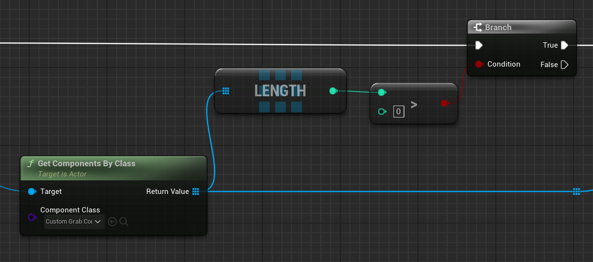 Blueprint code of the GetGrabComponentNearMotionController function of the VRPawn class where the ComponentClass argument of the GetComponentsByClass function is changed to CustomGrabComponent