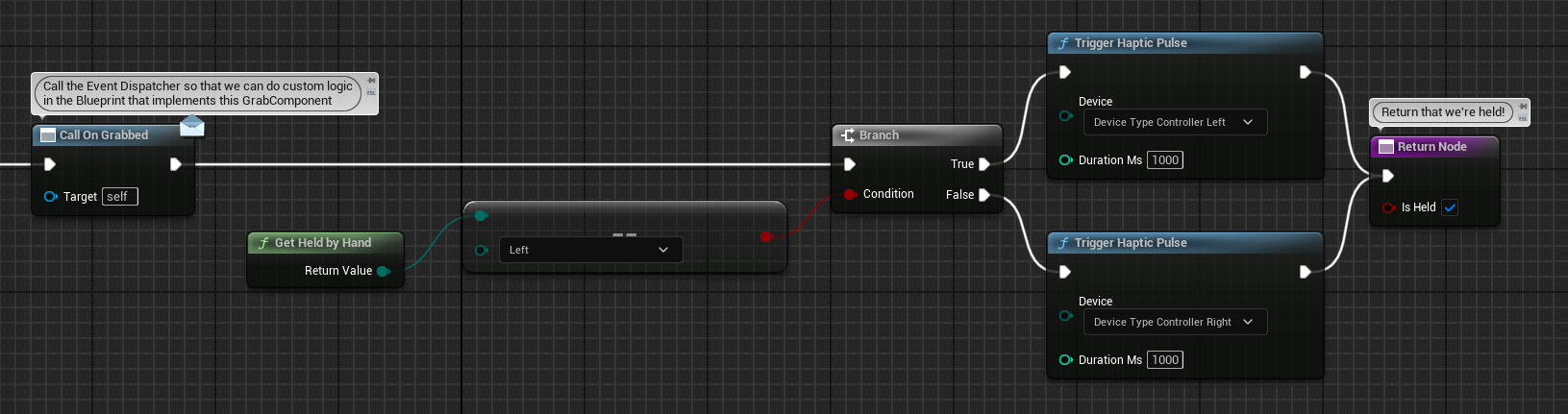 The TriggerHapticPulse function is called in the GrabComponent's TryGrab function.