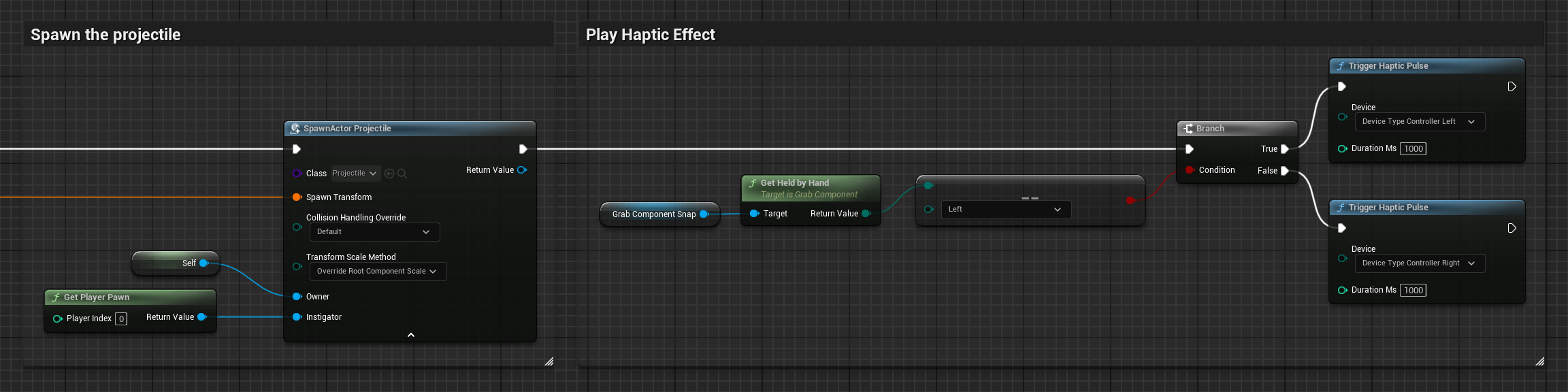 The TriggerHapticPulse function is called in the Pistol's event graph.