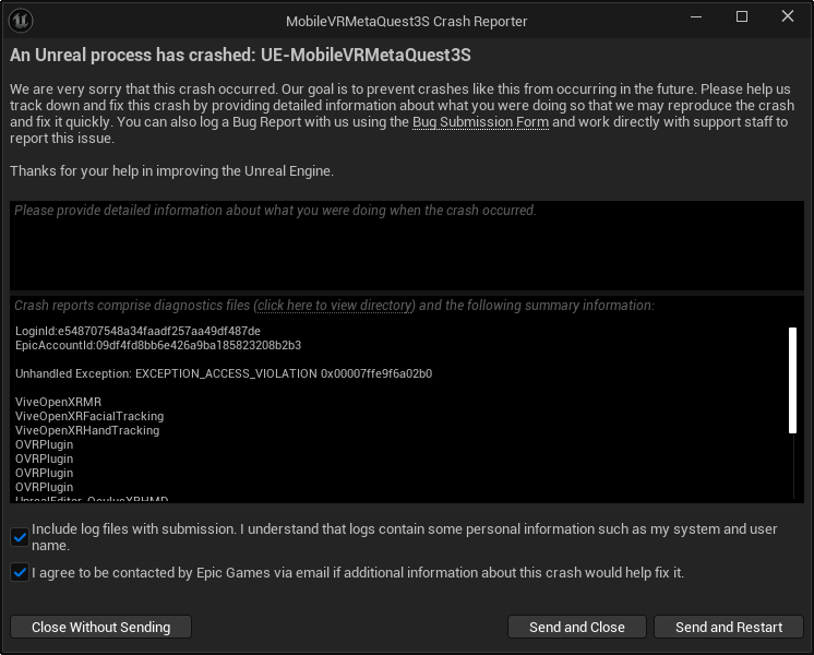 MobileVRMetaQuest3S Crash Reporter window.