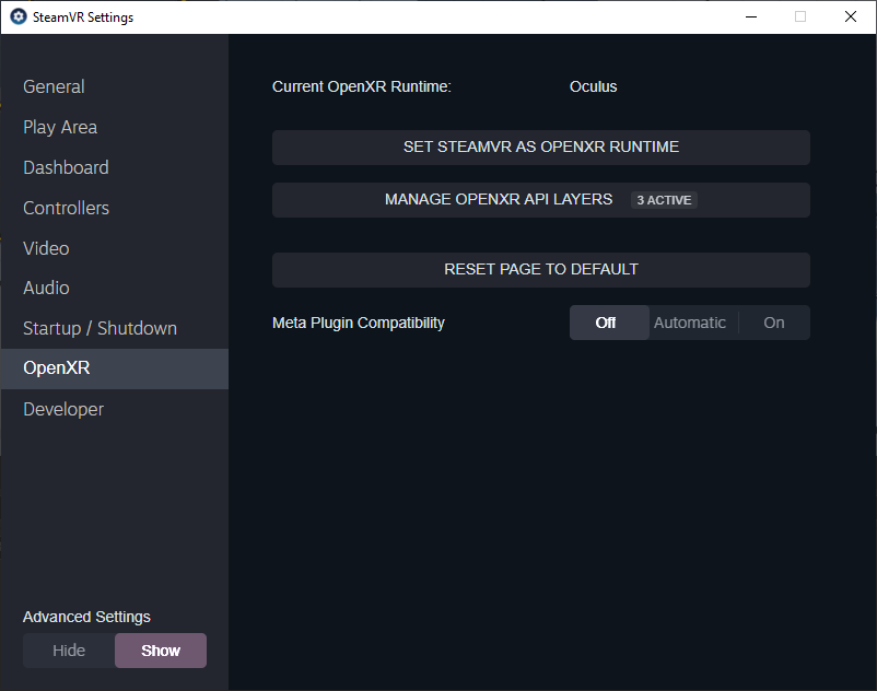 SteamVR Settings window.