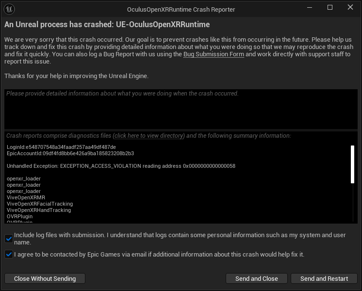 Oculus OpenXR Runtime Crash Reporter window.